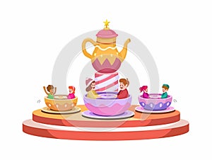 Tea Cup Spin Carousel Ride Cartoon Illustration Vector