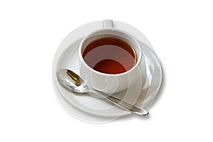 Tea cup and spoon on saucer isolate