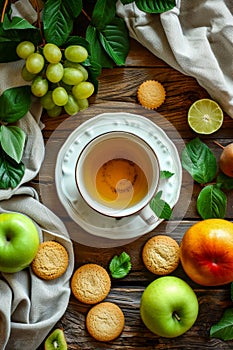Tea cup with spoon in it is surrounded by various fruits such as grapes oranges and apples. Generative AI