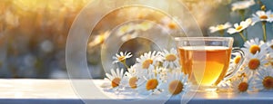 Tea cup surrounded by chamomile flowers in sunlight. Transparent tea with reflections sits among white daisies on a