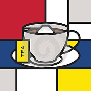 Tea cup with tea bag. Modern style art with rectangular colour blocks.