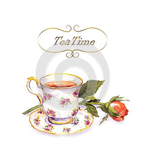 Tea cup with tea, rose flower. Water color card