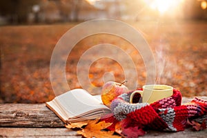 Tea cup with warm scarf open book and apple