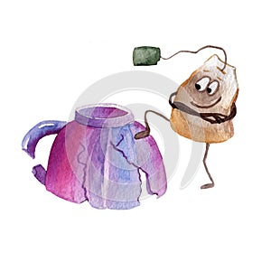 Tea cup watercolor tea bag cartoon watercolor print