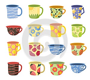 tea cups set . vintage teacup collection, tea ceremony. mugs with fruits, flowers, lines, hand drawn patterns. vector cartoon flat