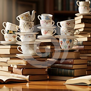 Tea cups stacked on book piles