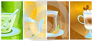 Tea drink background, beverage banner, sweet cup, fresh coffee, delicious dessert, design, in cartoon style vector