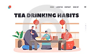 Tea Drinking Habits Landing Page Template. Traditional Asian Family Parents and Kid Dinner at Home, Smiling People