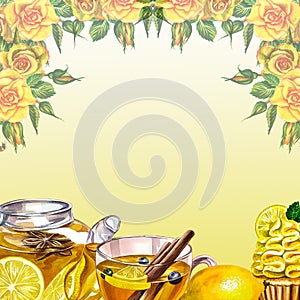 Tea frame, banner. Fragrant antiviral tea with lemon, cinnamon and ginger. Glass teapot and cup with vitamin tea
