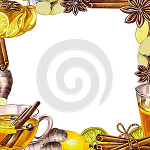 Tea frame. Fragrant antiviral tea with lemon, cinnamon and ginger and honey. Glass teapot and cup with vitamin