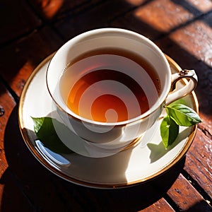 Tea, fresh brewed black tea in cup with tea leaves photo