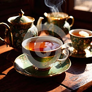 Tea, fresh brewed black tea in cup with tea leaves