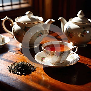 Tea, fresh brewed black tea in cup with tea leaves