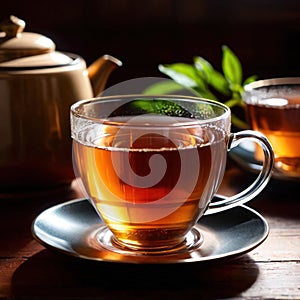 Tea, fresh brewed black tea in cup with tea leaves
