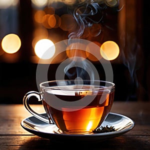 Tea, fresh brewed black tea in cup with tea leaves