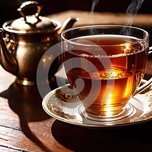 Tea, fresh brewed black tea in cup with tea leaves