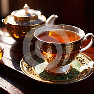 Tea, fresh brewed black tea in cup with tea leaves photo