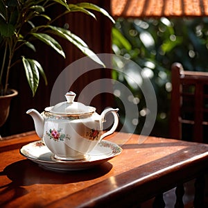 Tea, fresh brewed black tea in cup with tea leaves photo