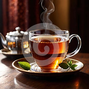 Tea, fresh brewed black tea in cup with tea leaves photo