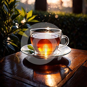 Tea, fresh brewed black tea in cup with tea leaves photo