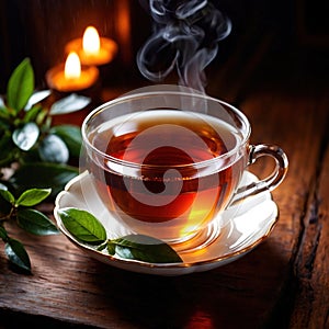 Tea, fresh brewed black tea in cup with tea leaves photo