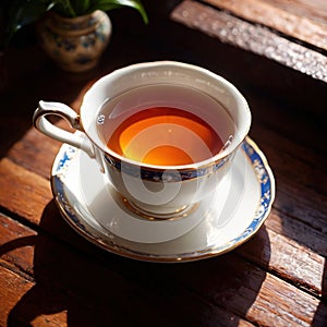 Tea, fresh brewed black tea in cup with tea leaves photo