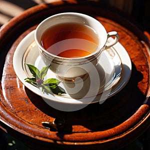 Tea, fresh brewed black tea in cup with tea leaves photo