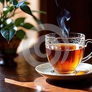 Tea, fresh brewed black tea in cup with tea leaves photo