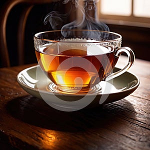 Tea, fresh brewed black tea in cup with tea leaves photo