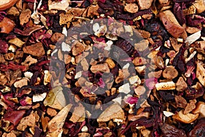 Tea fruity blend of hibiscus petals, orange peel, rose hips, app