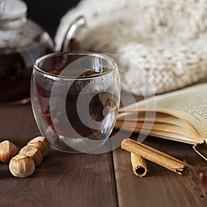 Tea in glass cup with teapot and knitted blanket near, with hazelnut and vanilla pod at wood background, with book near.