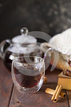 Tea in glass cup with teapot near, vanilla pod at wood background, knitted blanket behind. Book near