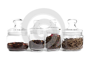Tea in glass jars: milk puer, indian tea, oolong