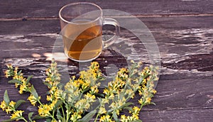 Tea in glass mug on wood background with goldenrod herb plant, Solidago virgaurea. Treats kidney and urinary tract diseases, impro