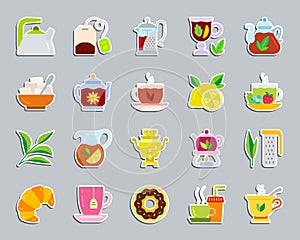 Tea green leaves, teatime ceremony attributes icon set patch sticker