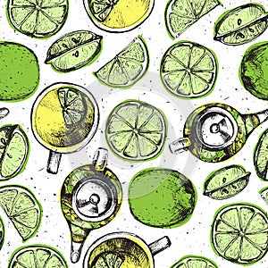 Tea hand draw seamless pattern with teapot, lemons and cup. Sketched textured background.