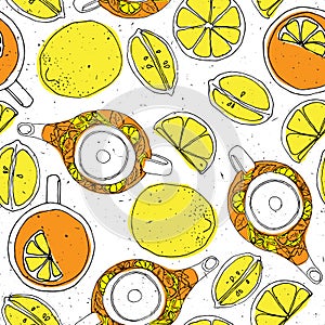 Tea hand draw seamless pattern with teapot, lemons and cup. Sketched textured background.