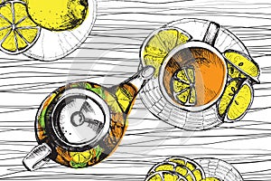 Tea hand draw set - teapot, cup and spoon with lemons, limes. collection on white background