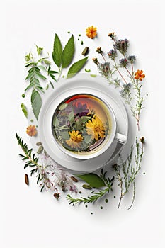 Tea with herbs and flowers in a cup top view.