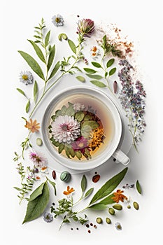 Tea with herbs and flowers in a cup top view.