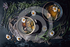 Tea with herbs and flowers in a cup top view.