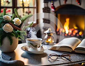 Tea, hot and steaming herbal tea, in a cocooning lounge, the day after Christmas, detox, reading, sweetness, rest photo