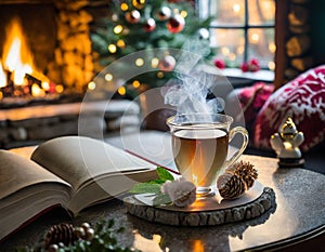 Tea, hot and steaming herbal tea, in a cocooning lounge, the day after Christmas, detox, reading, sweetness, rest photo