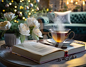 Tea, hot and steaming herbal tea, in a cocooning lounge, the day after Christmas, detox, reading, sweetness, rest photo
