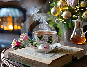 Tea, hot and steaming herbal tea, in a cocooning lounge, the day after Christmas, detox, reading, sweetness, rest photo