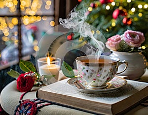 Tea, hot and steaming herbal tea, in a cocooning lounge, the day after Christmas, detox, reading, sweetness, rest photo