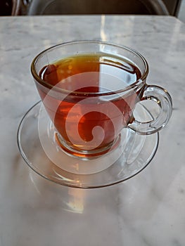 Tea, Hot Turkish Tea Served In A Modern Glass Tea Set Placed On A Chic Marble Table