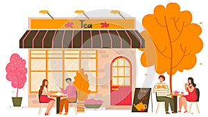 Tea house in autumn city with tables outdoors and people drinking hot tea with teapot and teacups cartoon vector