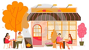 Tea house in autumn city with tables outdoors and people drinking hot tea with teapot and teacups cartoon vector