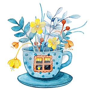 Tea house in the garden with flowers, cartoon cup with windows and doors. Hand drawn watercolor illustration isolated on